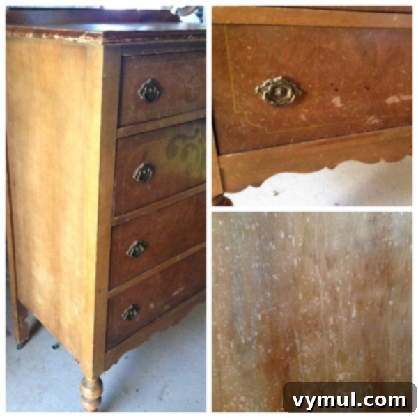 Close-up details of an antique dresser before restoration, showing imperfections