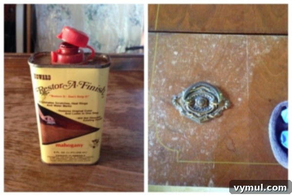 Applying finish restorer to an antique dresser drawer for restoration