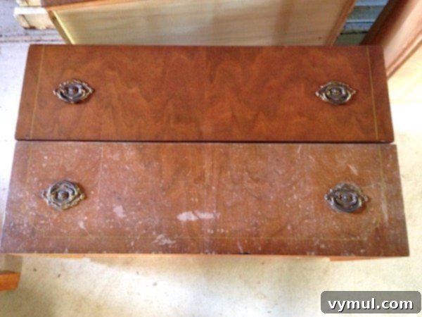 Before and after comparison of antique dresser drawers after restoration