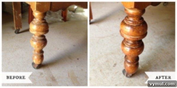 Before and after comparison of an antique dresser leg showing restored finish