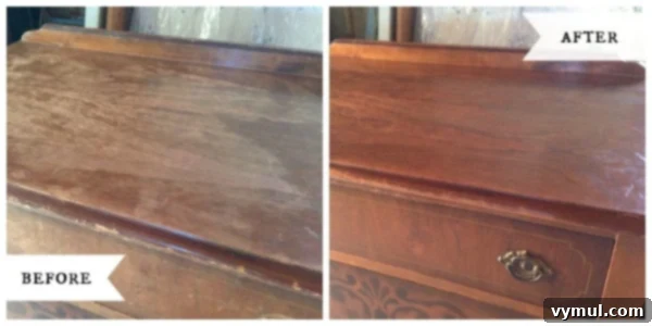 Before and after comparison of an antique dresser top after finish restoration