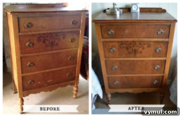 Restored antique dresser, before and after comparison, highlighting the transformation