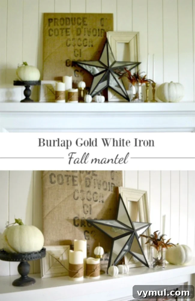 Cozy Autumn Mantel Burlap Gold White Iron Style 2 Rustic Fall Mantel Decor with Burlap, Gold, White, and Iron - Thrifted and DIY Ideas