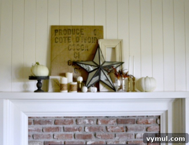 Cozy Autumn Mantel Burlap Gold White Iron Style 3 Burlap Gold White Iron Fall Mantel featuring thrifted items and natural elements