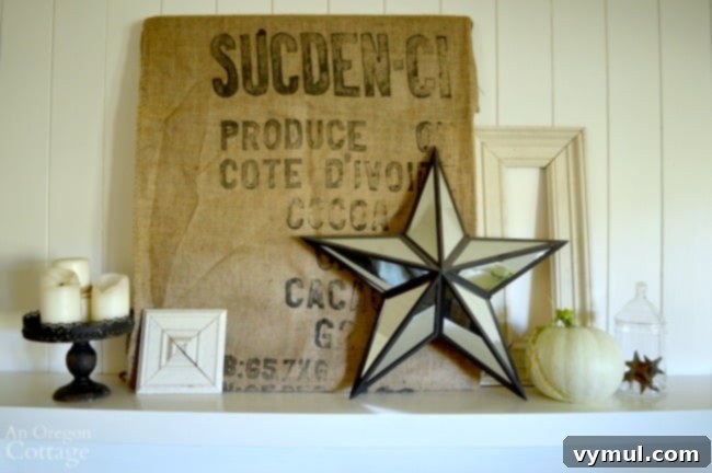 Cozy Autumn Mantel Burlap Gold White Iron Style 4 Fall Mantel in progress with burlap, star, and other decor elements