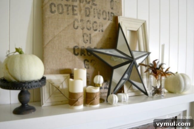 Cozy Autumn Mantel Burlap Gold White Iron Style 5 Burlap Gold White Iron Fall Mantel with burlap wrapped candles and various textures