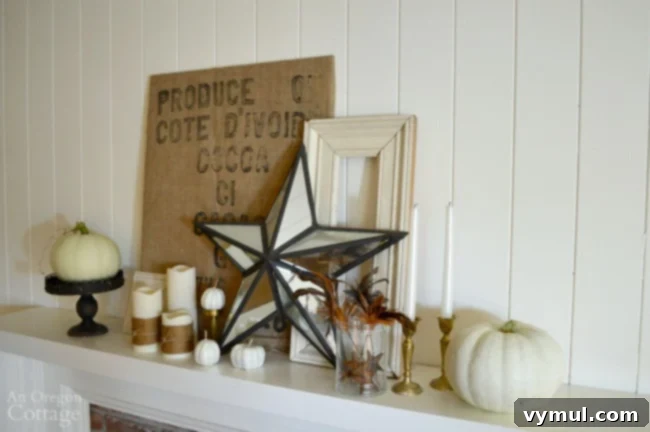 Cozy Autumn Mantel Burlap Gold White Iron Style 6 Rustic Fall Mantel with Brass Accents and Neutral Decor