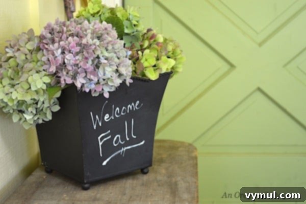 Earthy Elegance: Pink, Green & White Autumn Porch 2 Hydrangea in chalk pot :: An Oregon Cottage