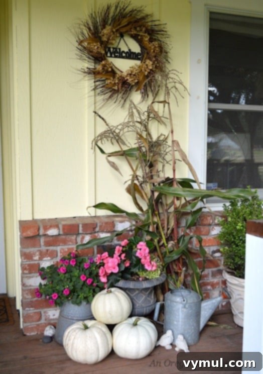Earthy Elegance: Pink, Green & White Autumn Porch 5 Pumpkins, flowers, and cornstalks-An Oregon Cottage