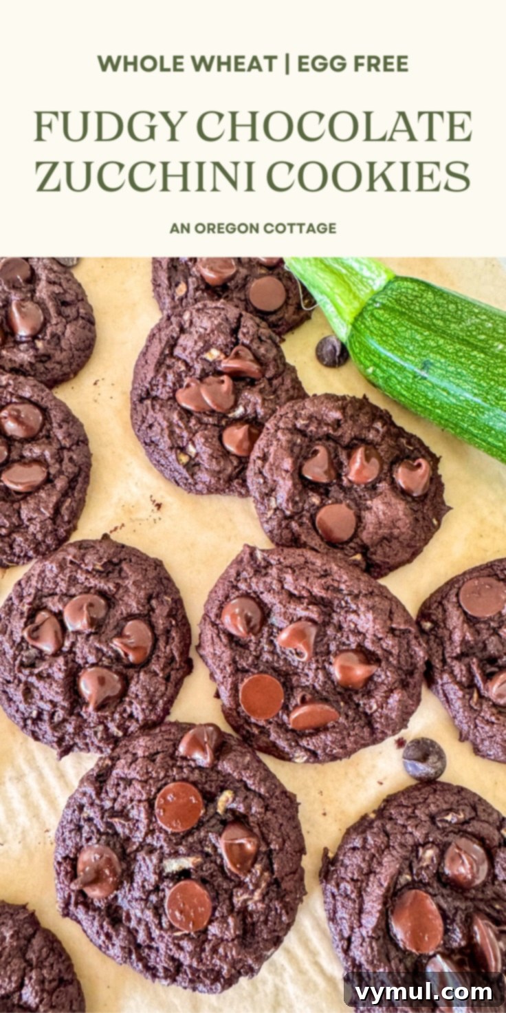 Large Pinterest image for fudgy chocolate zucchini cookies, showing a stack of delicious cookies with chocolate chips.