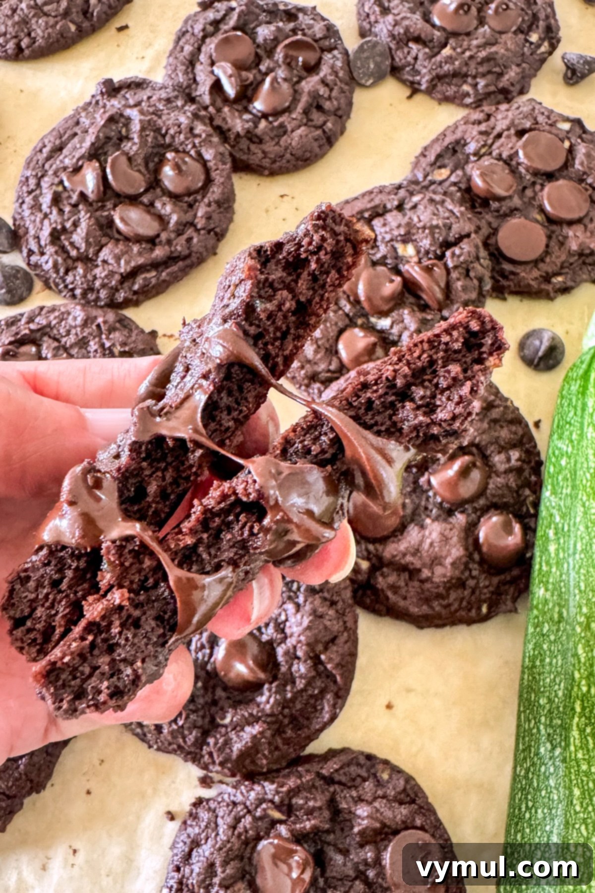 Inside of a warm, melty chocolate zucchini cookie showing the fudgy texture and chocolate chips