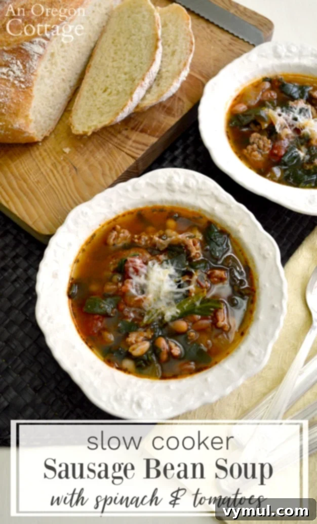 Effortless Sausage, Bean, Spinach, and Tomato Soup (Slow Cooker or Instant Pot) 2 slow cooker sausage bean soup with spinach and tomatoes in bowls, perfect for a healthy and comforting one-dish dinner