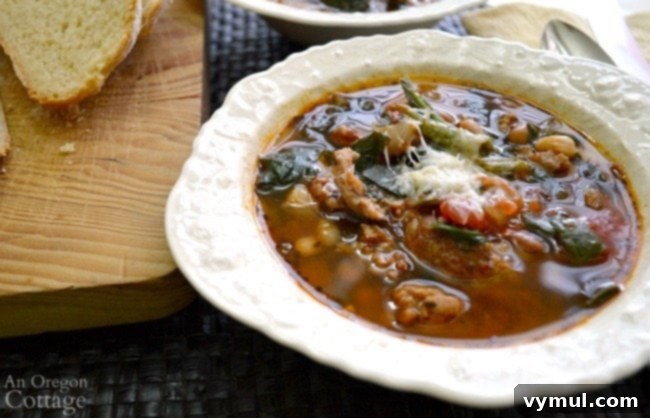 Effortless Sausage, Bean, Spinach, and Tomato Soup (Slow Cooker or Instant Pot) 4 slow cooker sausage bean soup close up in bowl