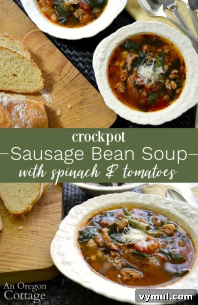 Effortless Sausage, Bean, Spinach, and Tomato Soup (Slow Cooker or Instant Pot) 5 Slow Cooker Sausage Bean Soup with Spinach and Tomatoes in a bowl, ready to be served
